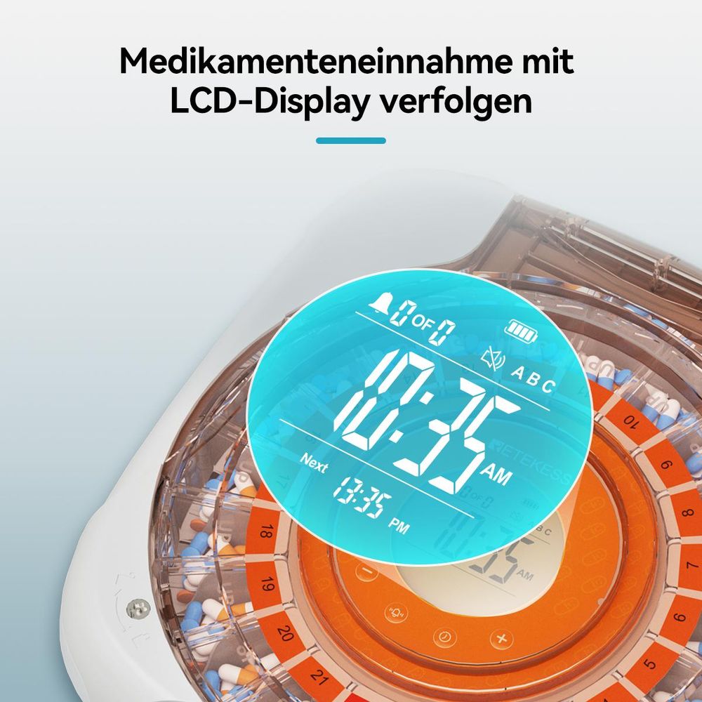 Retekess TH017 Smart Pillenbox, automatischer Tablettenausgabe, LCD-Display, Klingeltöne, Power-off-Speicherfunktion, für Haushalte, Senioren