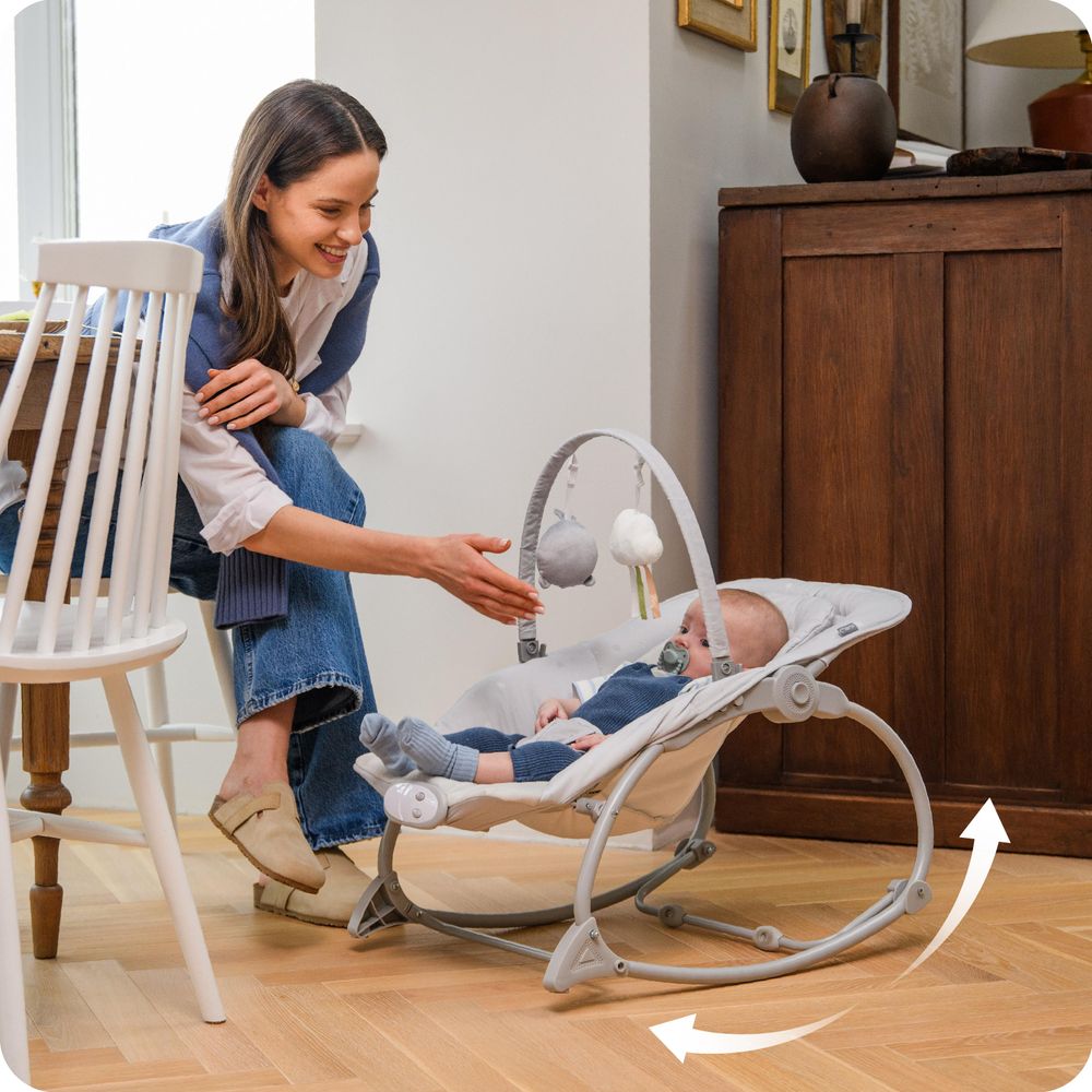 MoMi LAPIS – Elektrische Babywippe mit Musikmodul (8 Melodien), 3 Vibrationsstufen, verstellbare Rückenlehne & arretierbar – Hellgrau