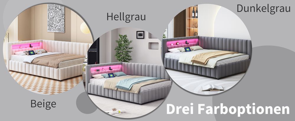 okwish Daybett Polsterbett 140x200, Schlafsofa mit LED-Licht und USB-Ladeanschluss, mit Rückenlehne und Kopfteil,Samtstoff,Dunkelgrau-Ohne Matratze