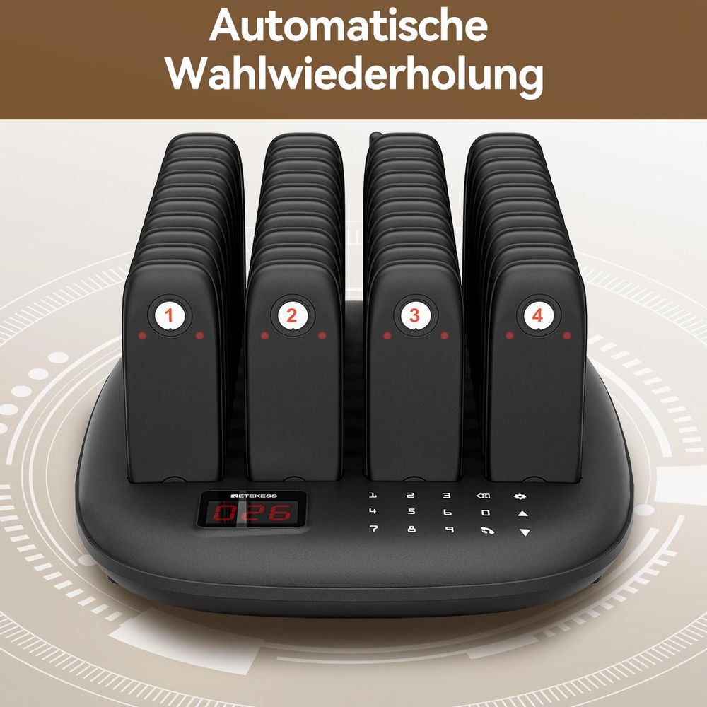 Retekess TD175M Restaurant Pager System, Alarmanlagen, 800 m, 18 Stunden Standby-Zeit , 7 Anrufmodi, One-Touch-Stummschaltung,  40 Mini-Pager für Café