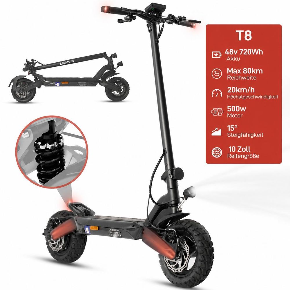 Draixcor T8 E-Scooter mit ABE, 10 Zoll Luftreifen, 48V 15Ah, 500W Antrieb, bis 80 km, Blinker, faltbar