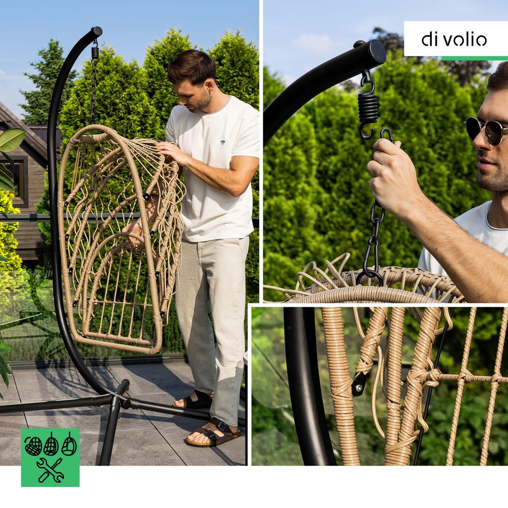 di volio Hängesessel mit Gestell Beluno beige, Hängestuhl für Indoor & Outdoor, inkl. Kissen, bis 150 kg belastbar, ideal für Garten, klappbar