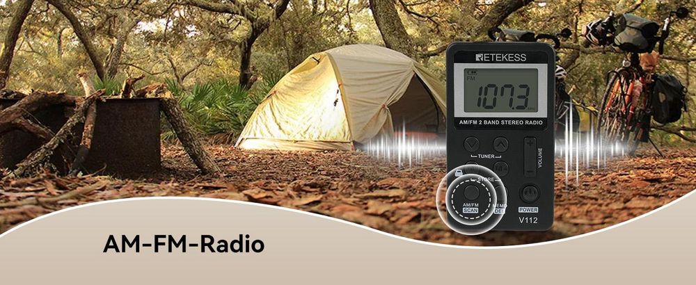 Retekess V112 Radio, mini Radio mit Kopfhörer, Batteriebetrieben, FM AM,Schlaftimer,Wiederaufladbar,LCD,500mAh Akku, für Laufen, Reisen, Angeln