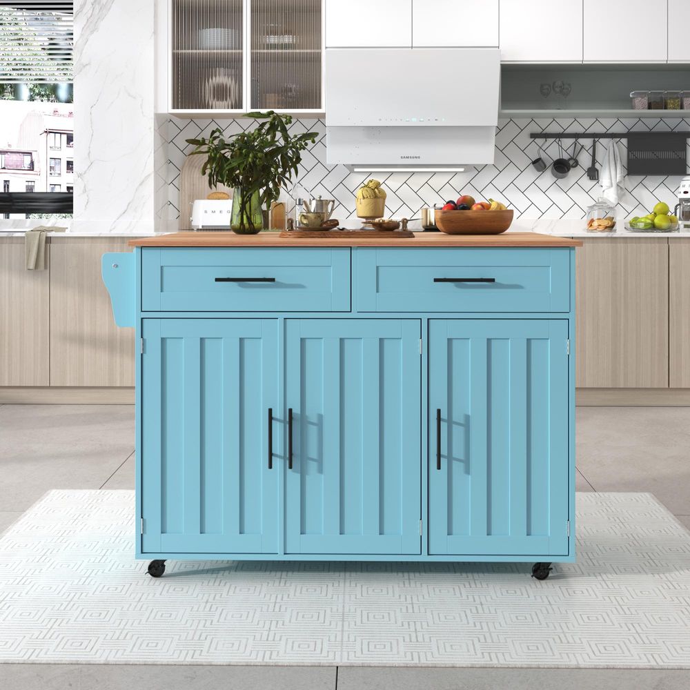 Merax Küchenwagen mit erweiterbarer Arbeitsplatte, Kücheninsel mit 5 Rollen, Servierwagen Küchenschrank Küchentrolley, 129x46(71)x91,5 cm, Blau