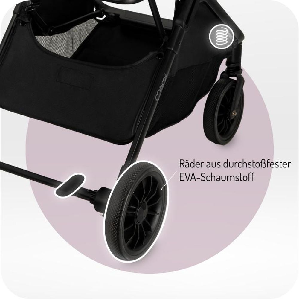MoMi ANDREA – Ultraleichter Baby Kompaktbuggy 7,3 kg mit automatischer Faltung & Drehbügel, bis 22 kg, inkl. Rucksack & Zubehörset – Schwarz