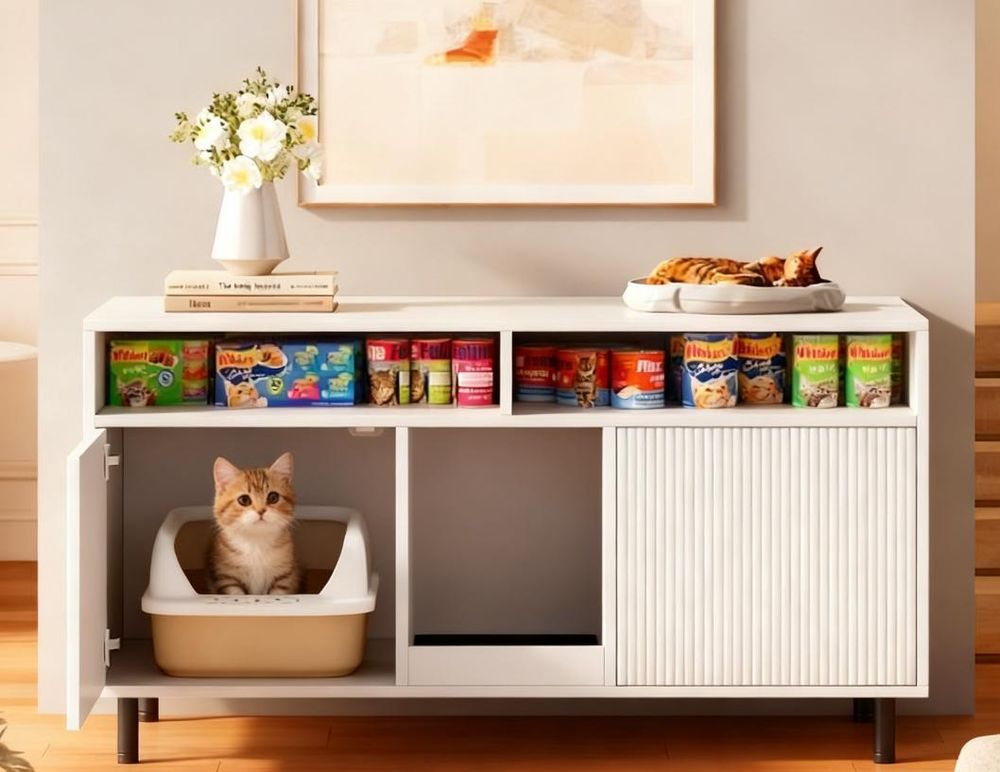 okwish Multifunktions-Katzenhaus Katzenschrank Kleintierhaus mit Sandauffangmatte und Ablage,Haustier-Sideboard ohne Katzenstreuwanne,Weiß