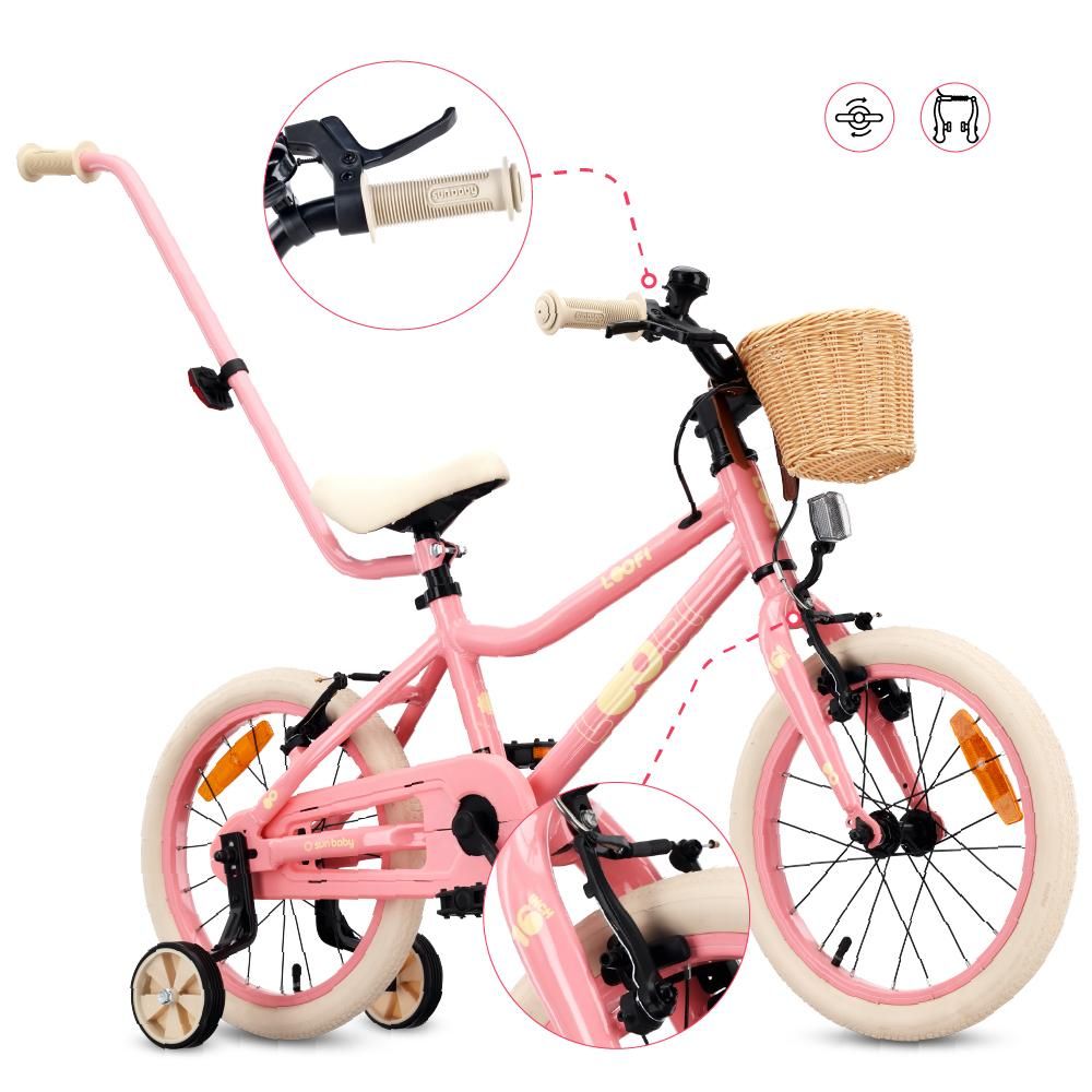 SUN BABY LOOFI Kinderfahrrad 14 Zoll, leichtes Aluminium Fahrrad 6,6 kg für Kinder ab 3 Jahre, mit Stützrädern, Korb, Klingel, Mädchen