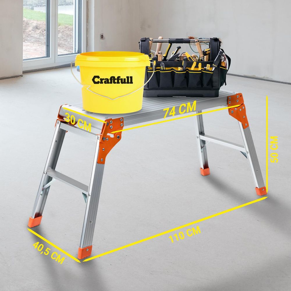 Craftfull Arbeitsplattform CF-107A | Arbeitsbühne - Klappbar - Anti-Rutsch - Aluminium - Mobil - Klappwerkbank - Podest - 150 kg (Silber/Schwarz)