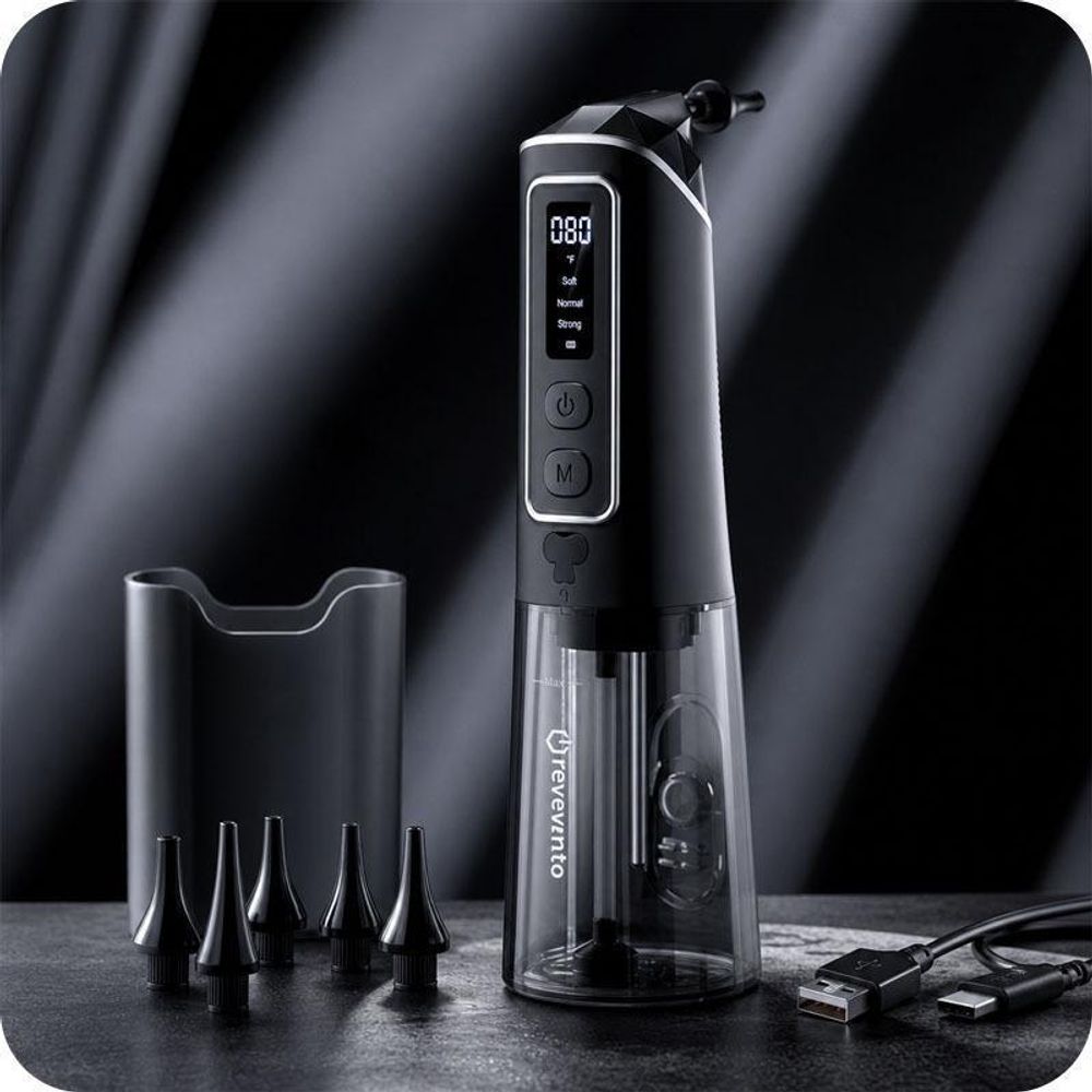 REVENTO® Klaro Ohrreiniger kabellos – Elektrischer Ohrspüler mit 3 Druckstufen, IPX7 wasserdicht, USB-C, 6 Aufsätze