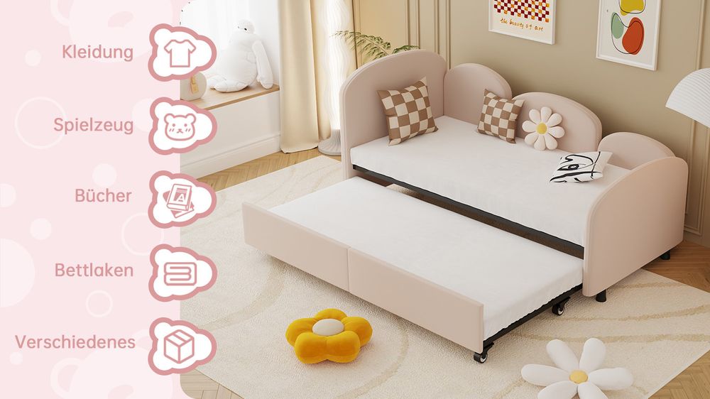 MODFU Kinderbett Polsterbett 90x200cm mit Ausziehbett，  Jugendbett Schlafsofa  90x190cm und Lattenrost, Samt gepolstert Daybed , Rosa(Ohne Matratze)