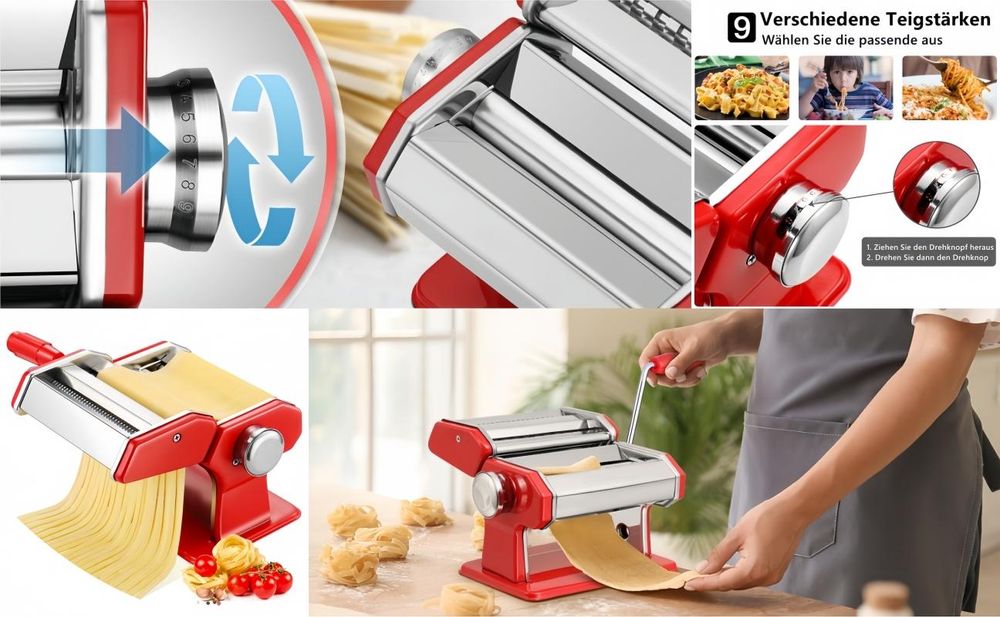 3in1 Edelstahl Nudelmaschine Pasta Maker mit 2 Klingen und 9 Einstellbare Dicke, Nudelschneider, Frische Manuelle Pasta Walze Maschine, Rot
