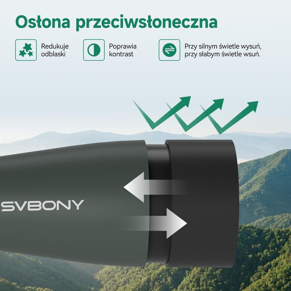 Svbony SV28A 25-75x100 mm Luneta obserwacyjna, Luneta celownicza, duże pole widzenia, pryzmat Porro H-K9L FMC, z adapterem do telefonu komórkowego