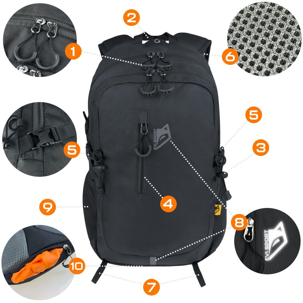 Wanderrucksack 25L Trekkingrucksack Herren & Damen, Titan-Core™ Nylon Outdoor Rucksack mit Regenschutz & Laptopfach, EVI SPORT Trailpack Schwarz
