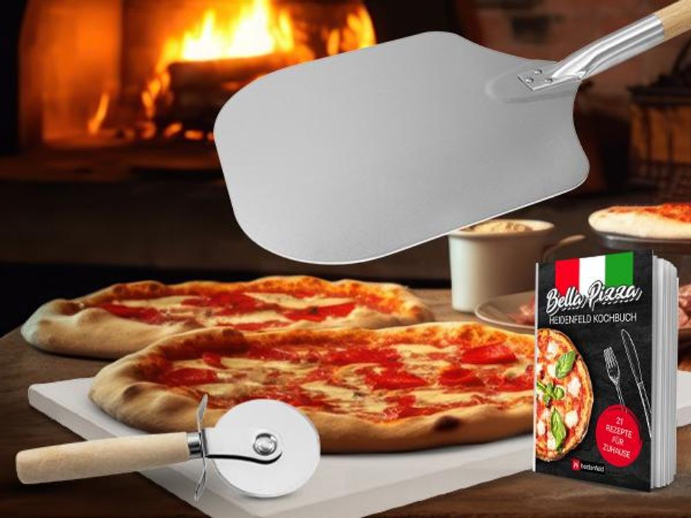 Heidenfeld 5in1 Pizza-Set | Pizzastein für Backofen, Gasgrill, Holzkohlegrill - 2in1 Pizzaschieber - Pizzaschneider - Holzgriffe - Pizza-Zubehör
