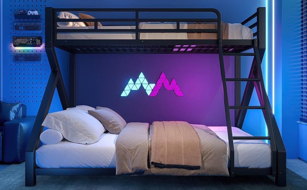 Merax Etagenbett 90x200cm und 140x200cm, Kinderbett aus Metall, LED-Lichtleiste, Sicherheitsgeländer, Leiter, Stockbett, Jugendbett, Schwarz