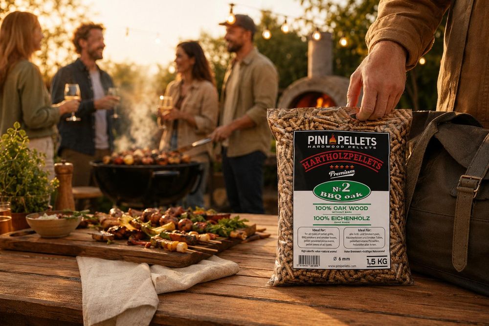 PINI pellet di legno duro 100% quercia № 2 BBQ Oak 1,5 kg pellet per barbecue per grigliate e affumicatura e per forni da pizza