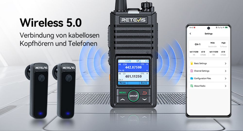 Retevis RB658 Ham Radio, Walkie Talkie mit APP-Steuerung VOX, 1800 mAh, 1,77-Zoll-Bildschirm, mit Bluetooth-Headset für Flotten, Gruppenreisen