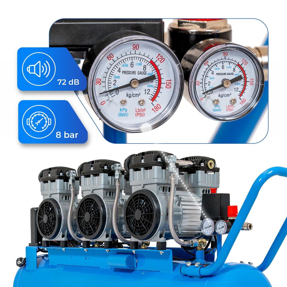 Compresseur sans huile HW-KBO-6T-100L - 100 L, 6 cylindres, 576 l/min, 8 bar, 3,3 kW, 230 V, cylindres en fonte, mobile pour atelier et industrie