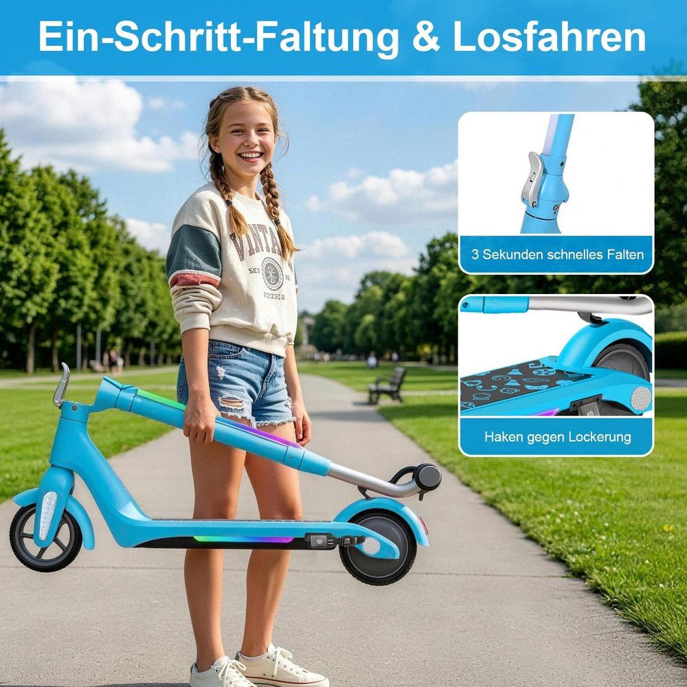 Elektroscooter Kinder mit Langstrecken, bis zu 15km/h Kinderroller, Schnelle Installation zu Tragen E-Roller Für Kinder 6-12, Elektroroller Blau