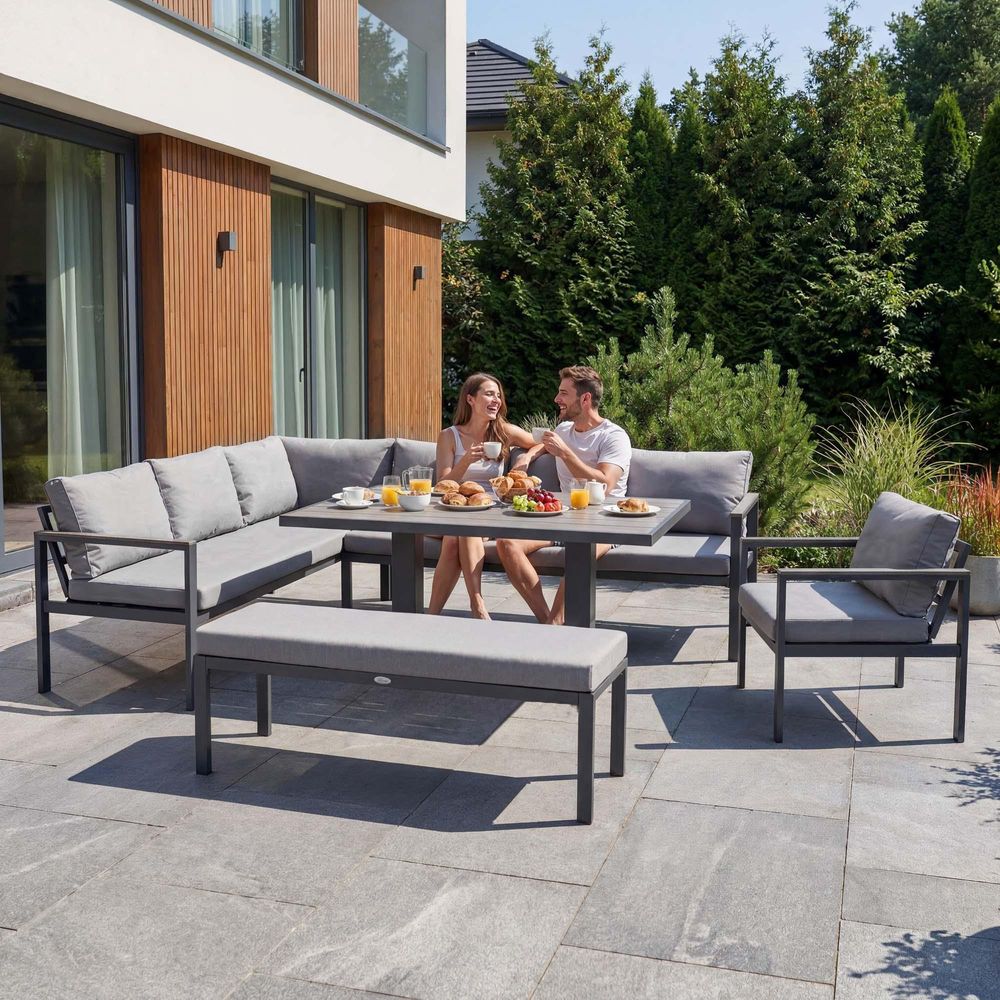 di volio Gartenmöbel Set Noli – grau, Outdoor Lounge aus Aluminium mit höhenverstellbarem Kunstholz–Tisch, wetterfest & bequem für 10 Personen