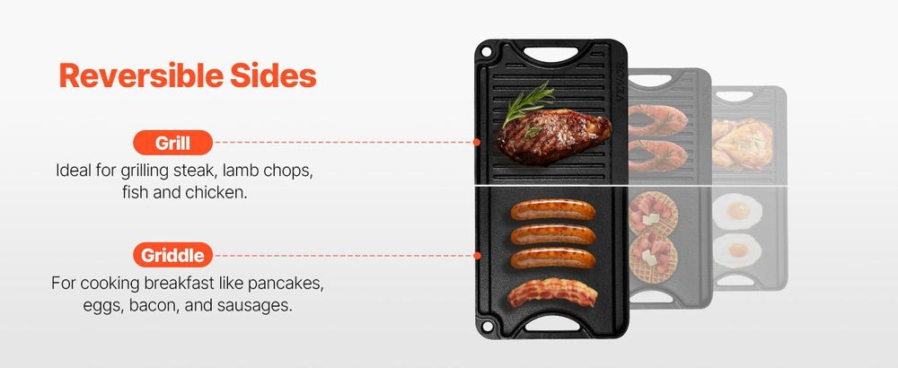 VEVOR Wender Grill/Griddle, 9,7"x16,7" Vorgewürzter Gusseisen-Griddle, Rechteckige Doppelbrenner-Griddle-Pfanne, Antihaft-Familienpfanne mit Griffen, Flache Platte für BBQ, Gasgrill, Schwarz, 185x342 mm