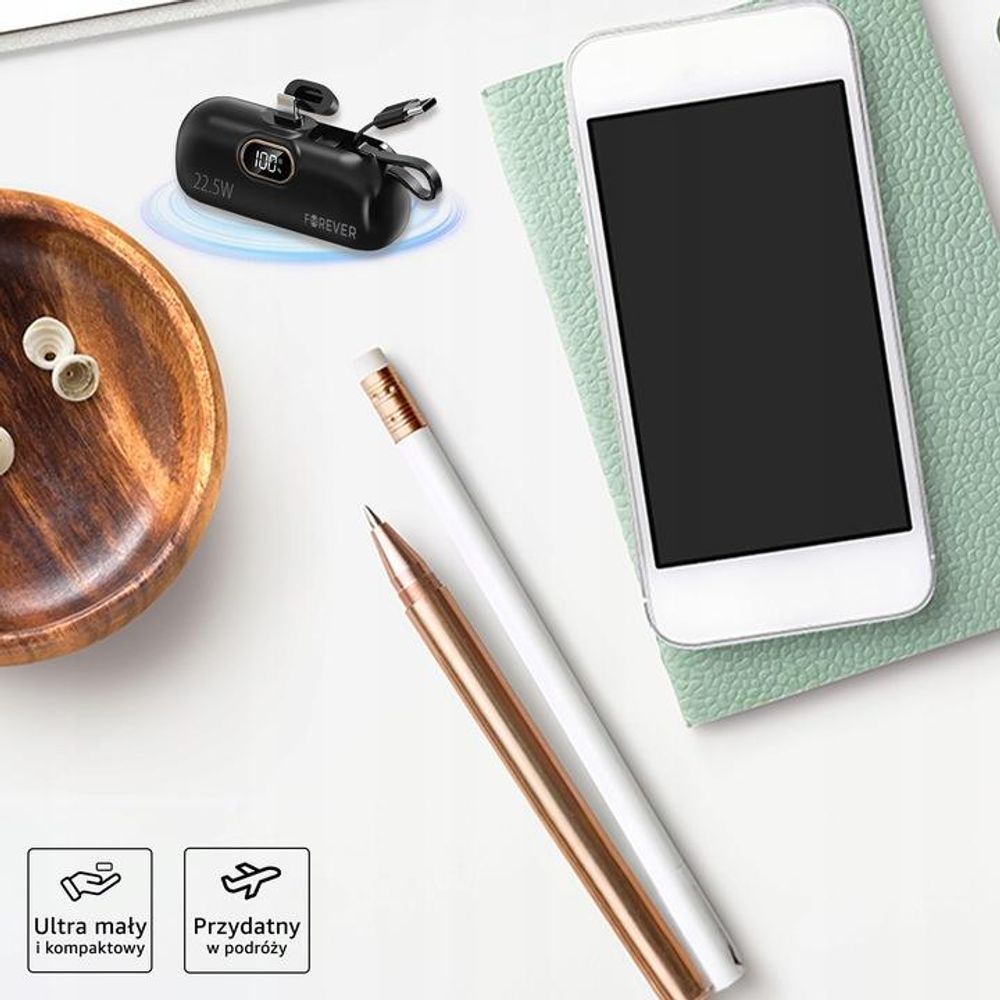 Forever, 5000mAh Powerbank Lightning Anschluss + integriertes USB-C Kabel, Schwarz