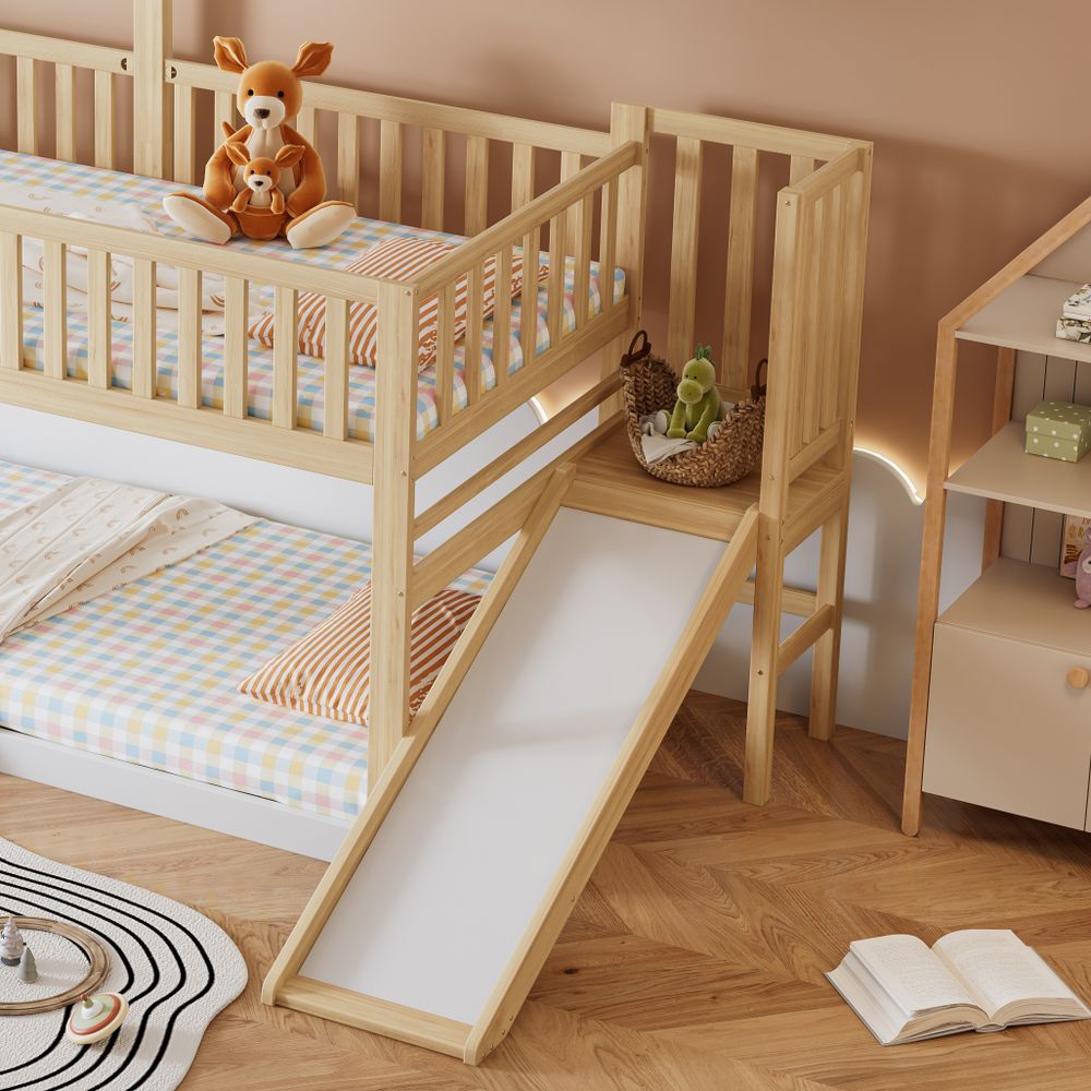 Flieks Etagenbett 90x200cm mit Lattenrost, Kinderbett mit Rutsche und Leiter, Hausbett mit Rausfallschutz, Einzelbett Massivholzbett