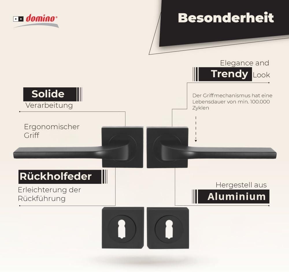 DOMINO Türgriff Drückergarnitur BB-Buntbart Set | Vierkant-Rosette | Türklinke für Zimmertür, Bürotür, Kellertür & Innentür | Türbeschläge aus Aluminium | Bronze Türdrückergarnitur | TIPO-QR BLACK