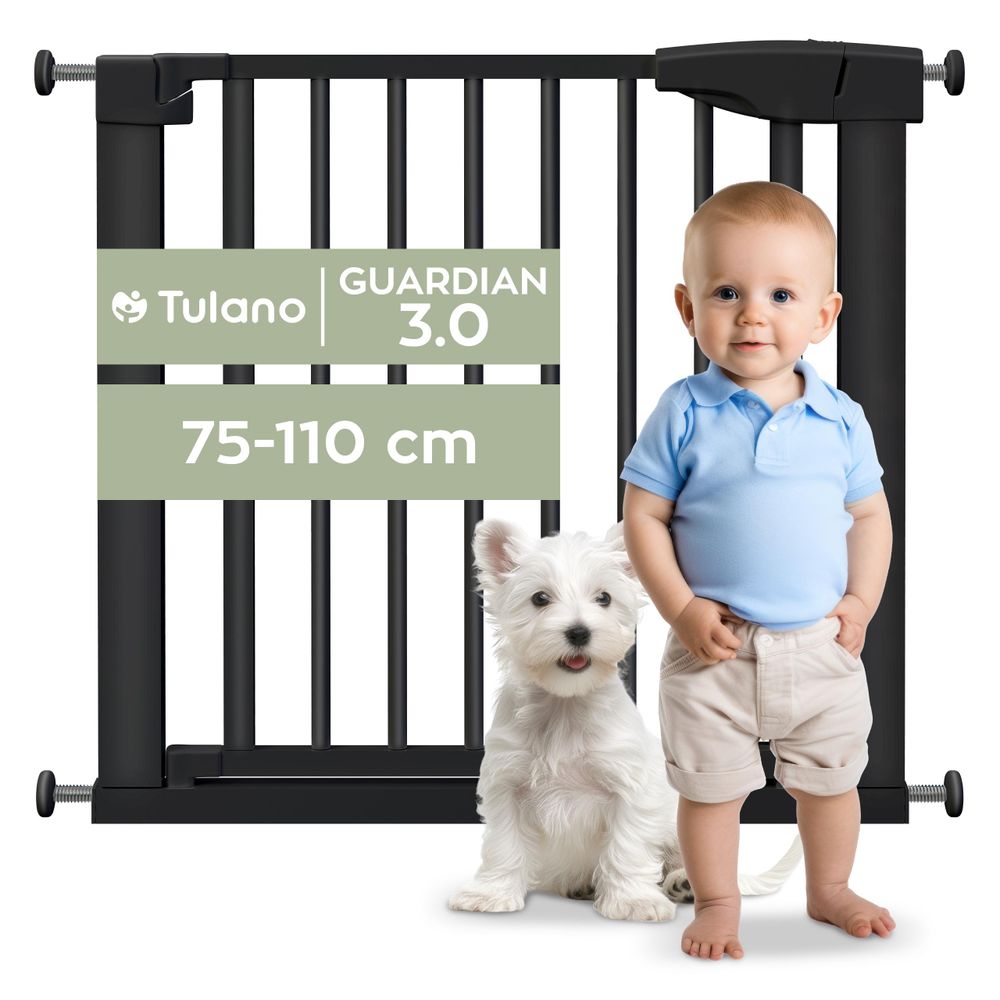Treppenschutzgitter Tulano Guardian 3.0 Kindergitter Gitter Haustier | 75-110cm | ohne Bohren | Schwenkbares Türschutzgitter | Metall | Schwarz
