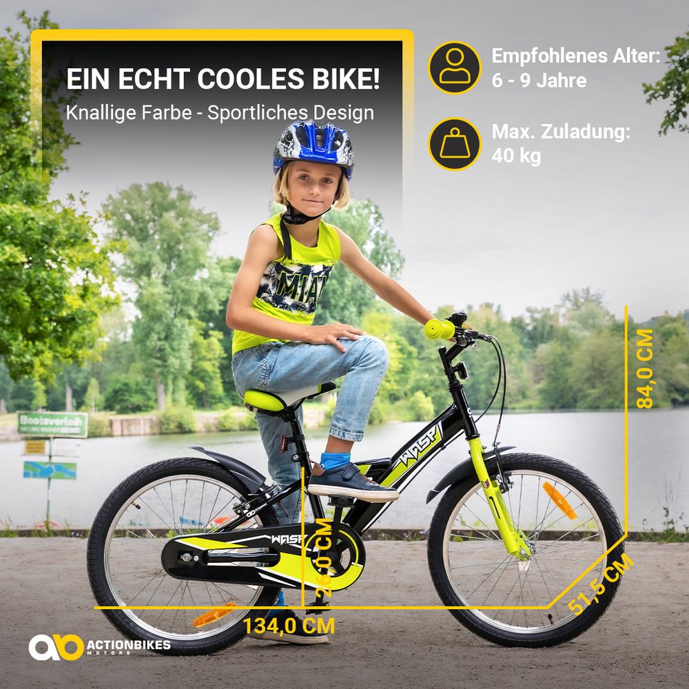 Actionbikes Kinderfahrrad Wasp 20 Zoll | Kinder Fahrrad - V-Brake Bremsen - Kettenschutz - Fahrradständer - 6-9 Jahre (Schwarz/Grün)