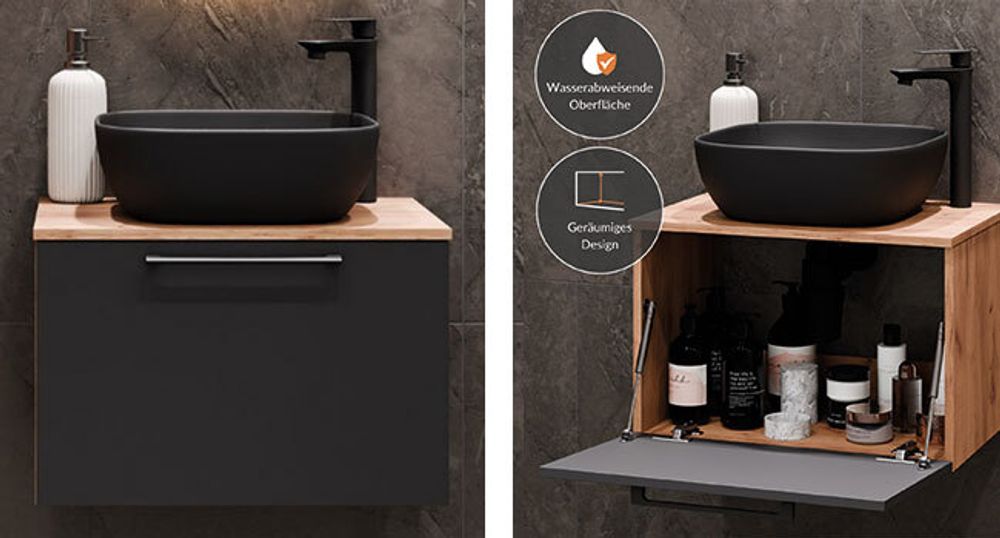 Planetmöbel Waschtischunterschrank Astra 60 cm Gold Eiche/Anthrazit – Kompakter Badezimmer Unterschrank