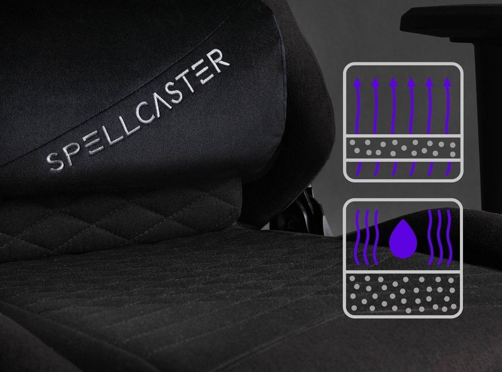 SENSE7 Spellcaster SENSHI Krzesło gamingowe z tapicerką materiałową, czarne – ergonomiczne krzesło biurowe, krzesło do biurka, krzesło dla graczy, nośność 150 kg, podłokietniki 2D, fotel kierowniczy
