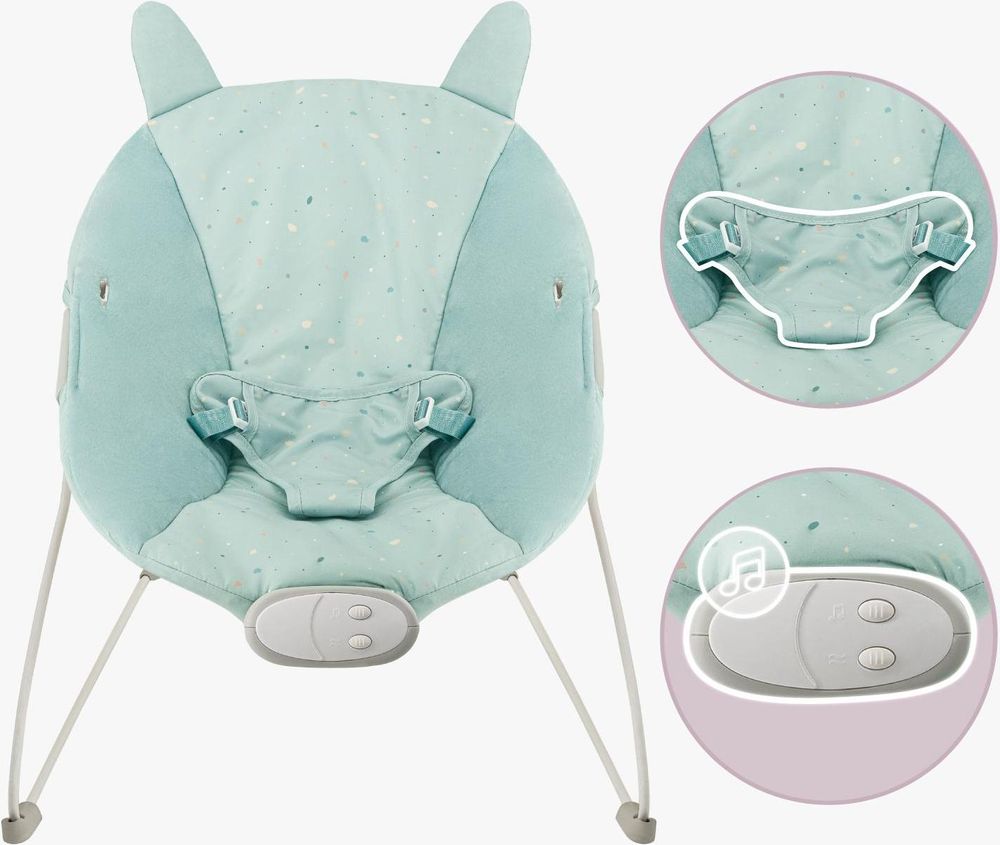 MoMi GLOSSY Babywippe mit 8 Melodien, 3 Vibrationsstufen, Spielzeug-Stirnband – bis 9 kg - MINT