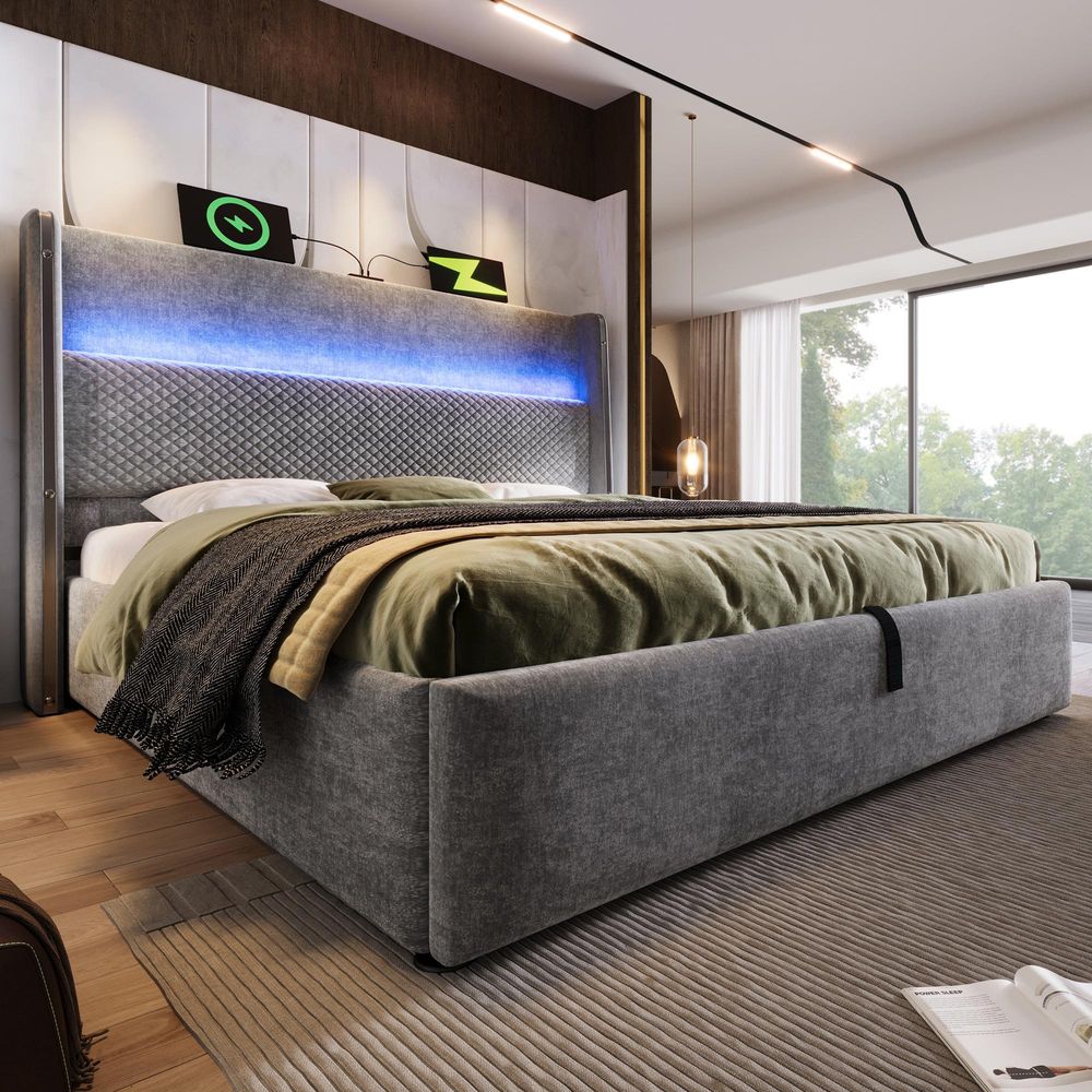 Flieks Hydraulisches Polsterbett 160x200cm mit USB/Type-C-Anschlüssen, Stauraumbett Doppelbett Jugendbett mit Led, Leinen, Grau