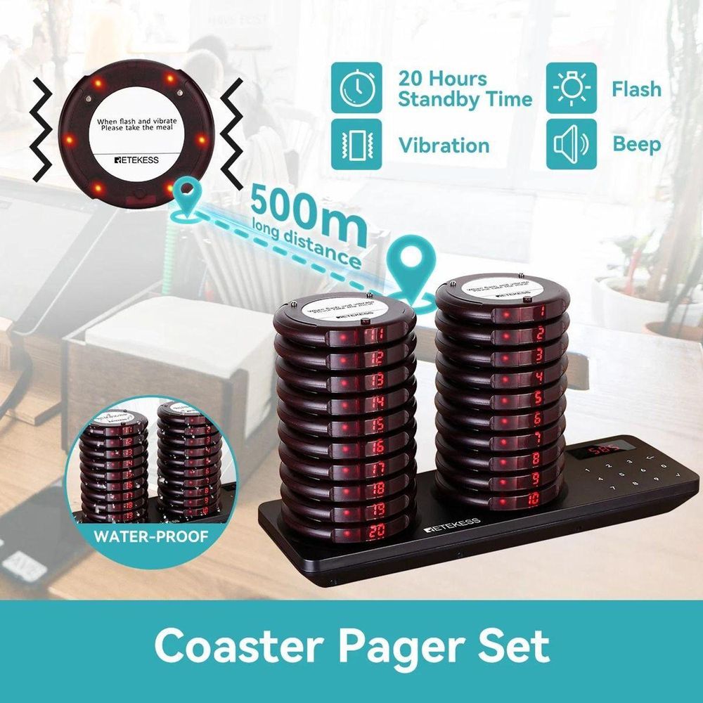 Retekess TD163 Restaurant Pager System, Pager Rufsystem mit 31 Rufmod, 500M, 20 Pagers, 300mAh 20H, Pager set für Fast Food, Hamburgerladen, Café, Bar