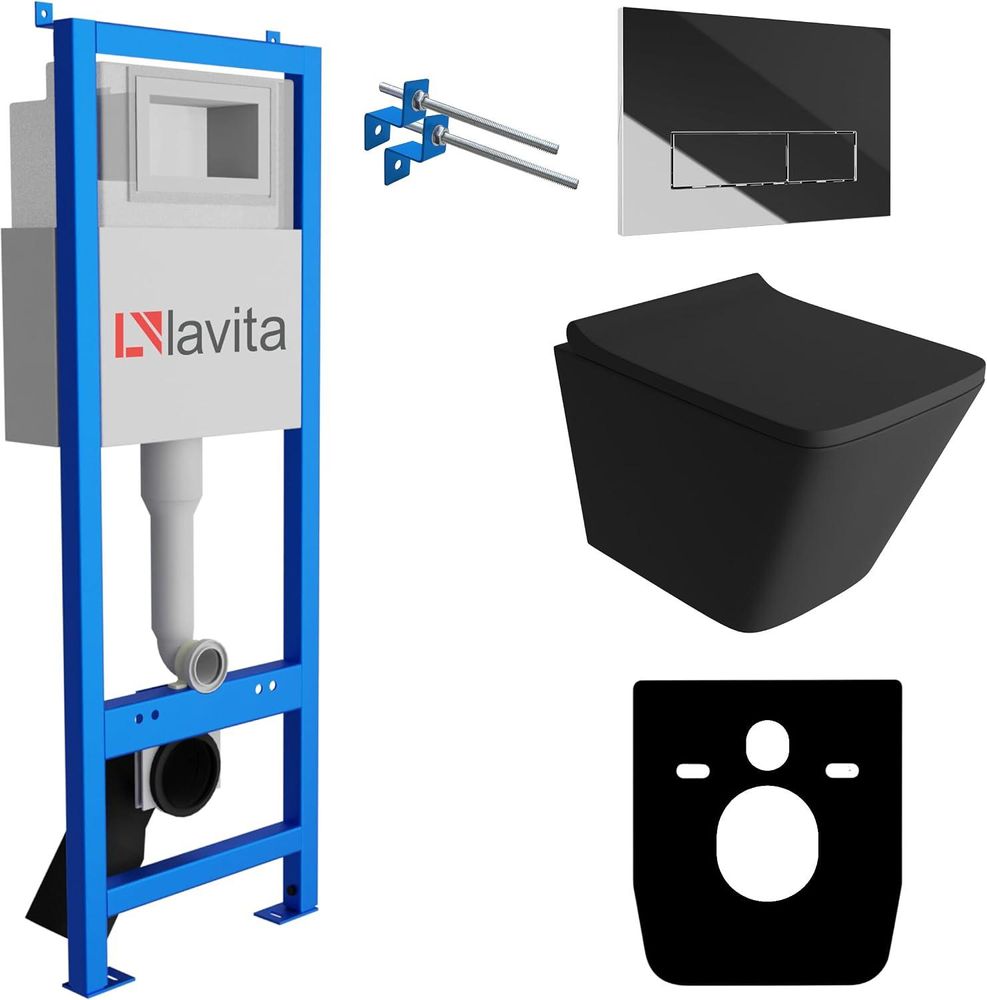 Lavita LAV 101 Vorwandelement für WC 40cm + Wand Hänge Tiefspül WC SINTO Schwarz Spülrandlos + Bedienplatte LAV 200.4.4 Schwarz | Komplettset | Unterputz Spülkasten | Toilette Komplett Sett