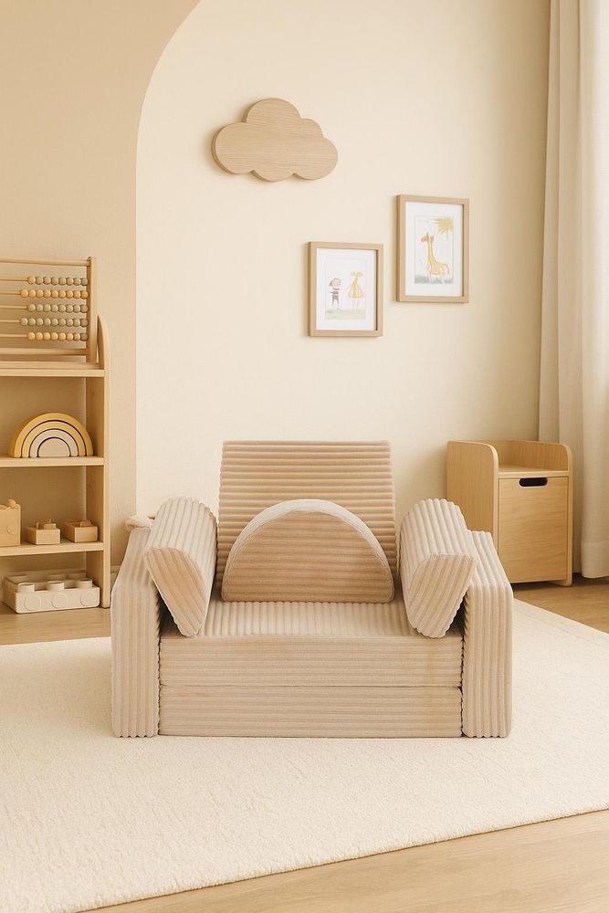 Spielsofa Kinder 11 tlg. modular – Kindersofa in Flanell Cord Optik -  Standard 100, formstabil, erweiterbar, Indoor Tobesofa (Beige)