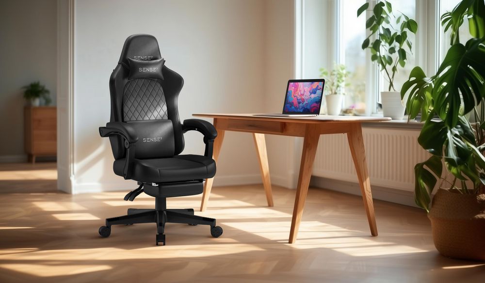 SENSE7 Devon Gaming Stuhl Kunstleder Schwarz - Ergonomischer Bürostuhl mit Fußstütze PC Schreibtischstuhl Zockerstuhl Leder 120 kg