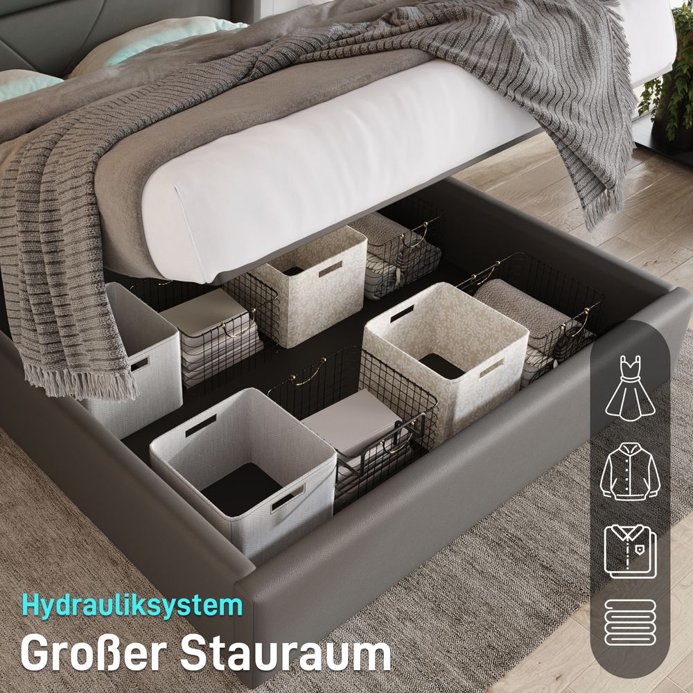 MODFU Boxspringbett 140x200cm Polstebett Doppelbett mit LED-Beleuchtung,Stauraumbett Bettgestell mit Bettkasten & Lattenrost,Grau (ohne Matratze)