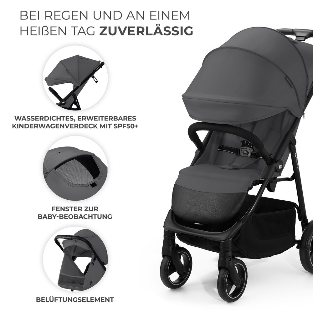 Kinderkraft TRIG 3 - Großer Kinderwagen bis 25 kg - Einhändig faltbar - Verstellbare Rückenlehne - Wasserdichtes Verdeck - Große EVA-Räder - Grau