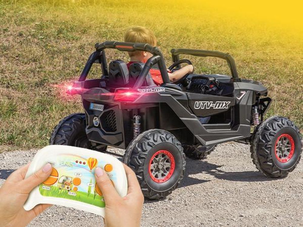 Actionbikes Motors UTV Buggy MX | 4x4 Allrad - Kinder Elektro Auto - 2,4 GHz Fernbedienung - 2 x 12 V Motoren - USB - AUX - Bluetooth (Schwarz/Weiß)