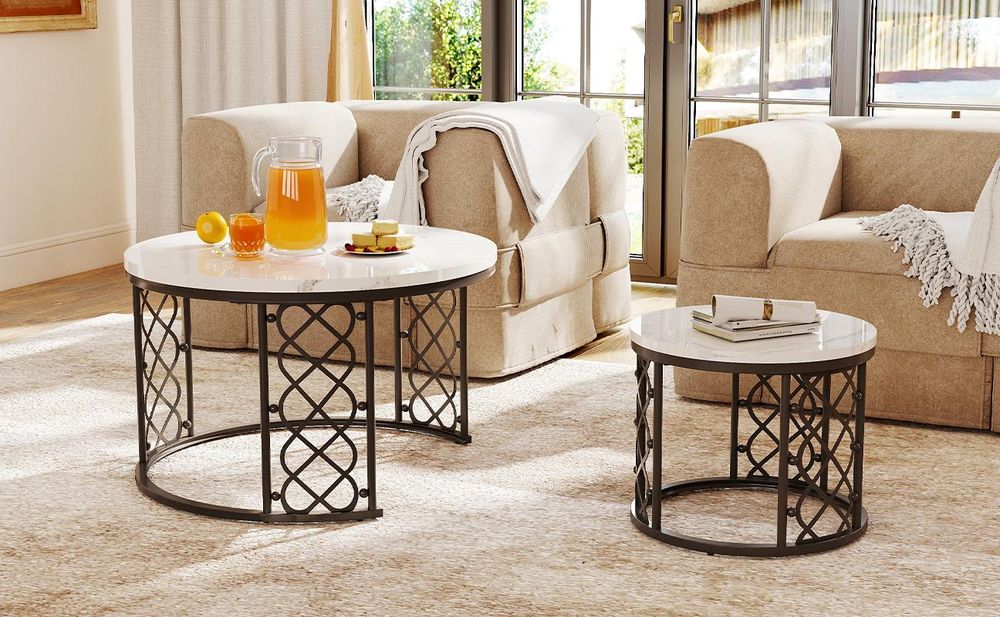MODFU Couchtisch rund schwarz,2er set Sofatisch mit weiße Tischplatte,Wohnzimmertisch, Satztische, Beistelltisch für Schlafzimmer und Wohnzimmer