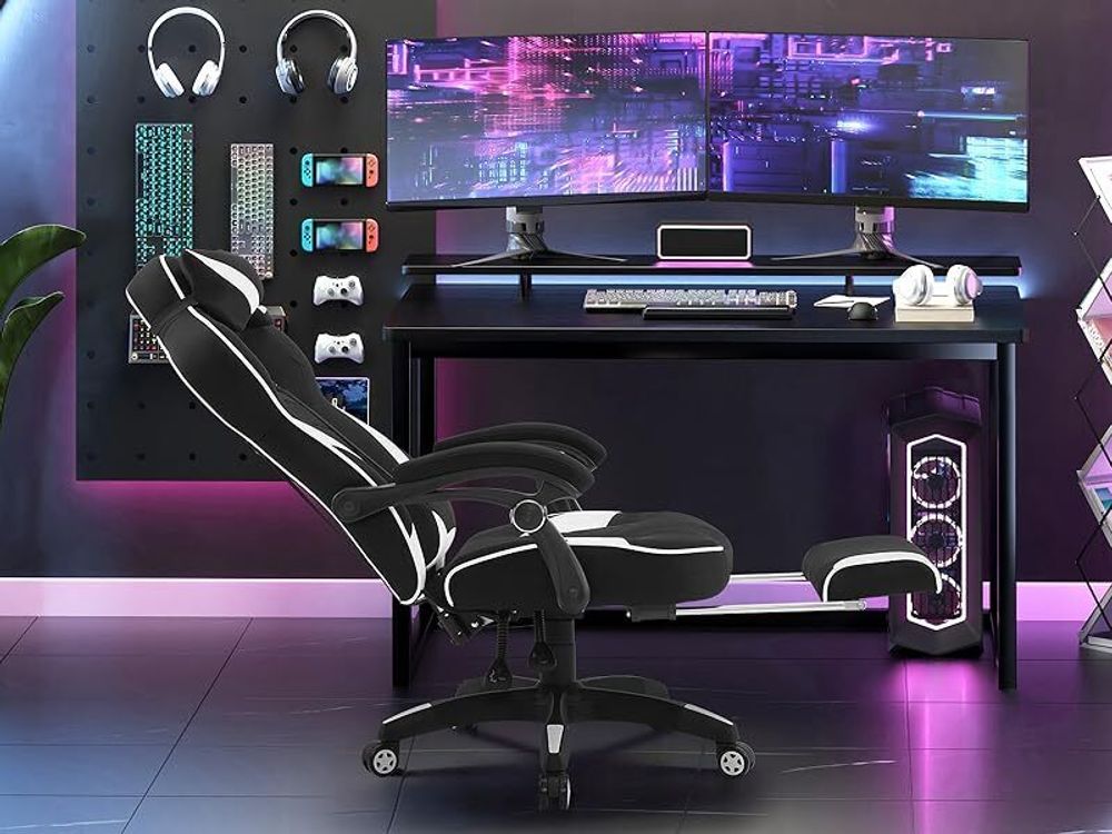 WOLTU Gaming Stuhl Racing Stuhl Bürostuhl Chefsessel mit Kopfstütze und Lendenkissen, Fußstütze, Stoff, Weiß, BS83ws