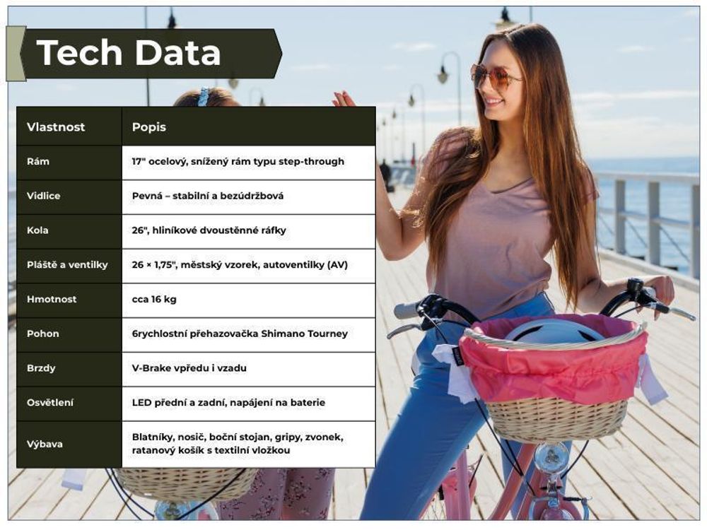 Dámsky mestský bicykel Goetze Mood 26" – 6 rýchlostí, oceľový rám 17", LED osvetlenie, košík