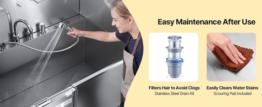 VEVOR 304 Edelstahl Hundewaschstation, 154,9 cm Haustierpflegebadewanne mit rutschfester, flacher Rampe, Stauraumschublade, Warm- und Kaltwasserhahn, All-in-One-Bad für den Friseursalon, geeignet für alle Größen (Rechte Tür), 61 Zoll-Rampe-Rechts
