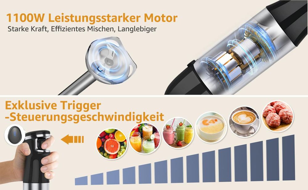 7MAGIC Pürierstab,4-en-1 Stabmixer Elektrischer,800W Stufenlos Geschwindigkeiten,Edelstahl,Schneebesen,Häcksler und Messbecher für Babynahrung,Schwarz