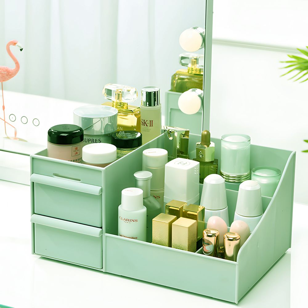 Make-up Organizer, Kosmetik-Organizer mit 2 Schubladen und Fächern in unterschiedlichen Größen, für Schminke und Schmuck, 26x16x12 cm Grün Retoo