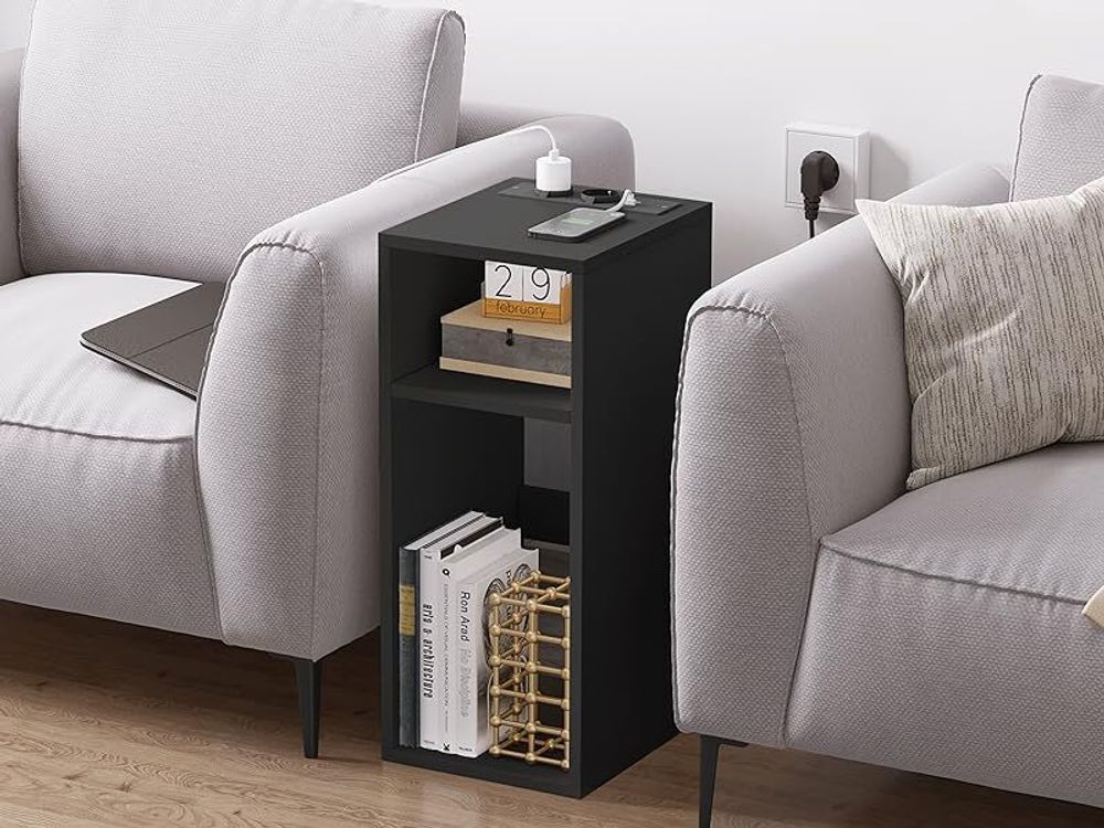 WOLTU Nachttisch mit Ladefunktion, schmaler Beistelltisch, Stauraum 2 offene Fächer, Schwarz