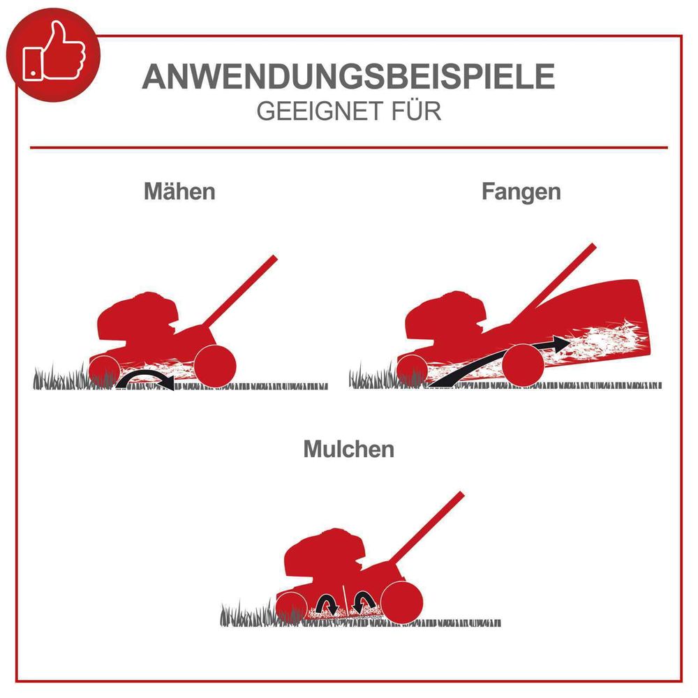 Das Bild zeigt die Keyfacts des Rasenmäher von Scheppach.
