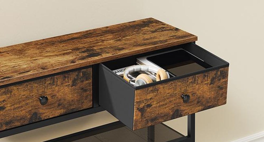 SONGMICS Konsolentisch, Beistelltisch mit 2 Stoffschubladen, schmaler Flurtisch, für Wohnzimmer, Metallrahmen, braun